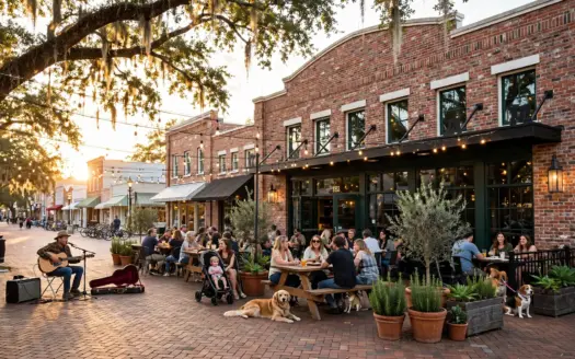 Fachada de tijolos do Plant Street Market na Plant Street, em Winter Garden, ao pôr do sol, com pátio cheio de mesas, famílias, cachorros e música ao vivo na rua de paralelepípedos.
