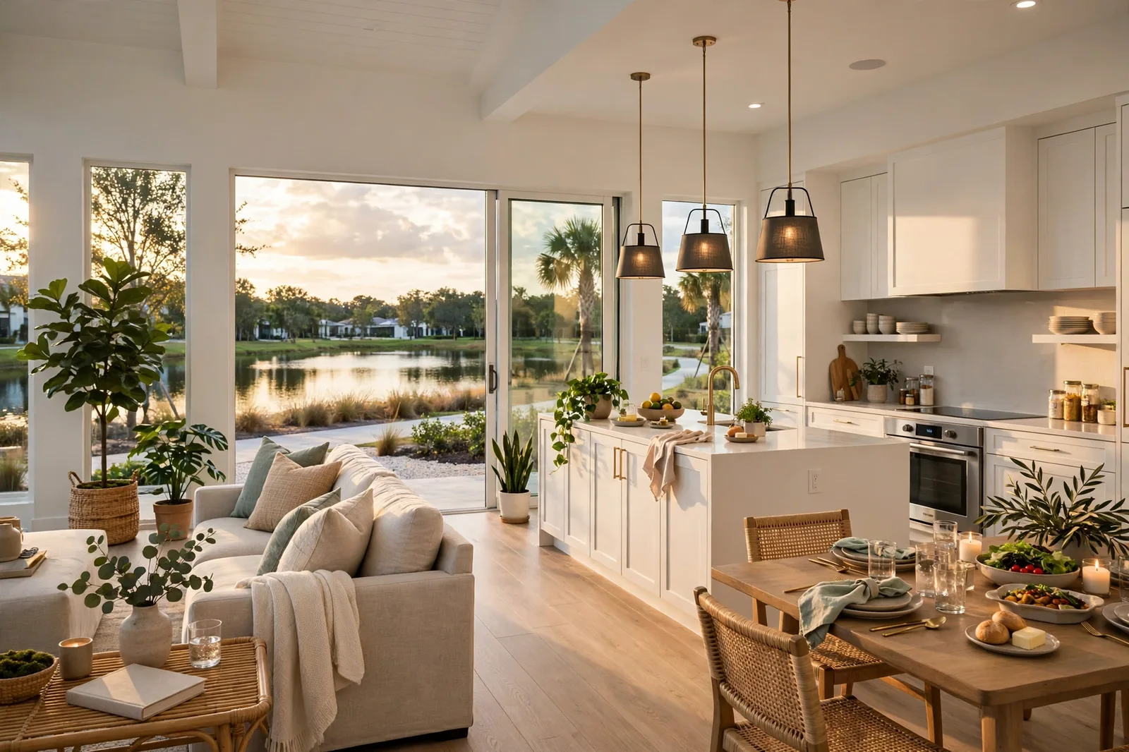 Sala e cozinha integradas de uma casa nova em Horizon West, com janelas amplas abertas para um lago comunitário ao fim da tarde.