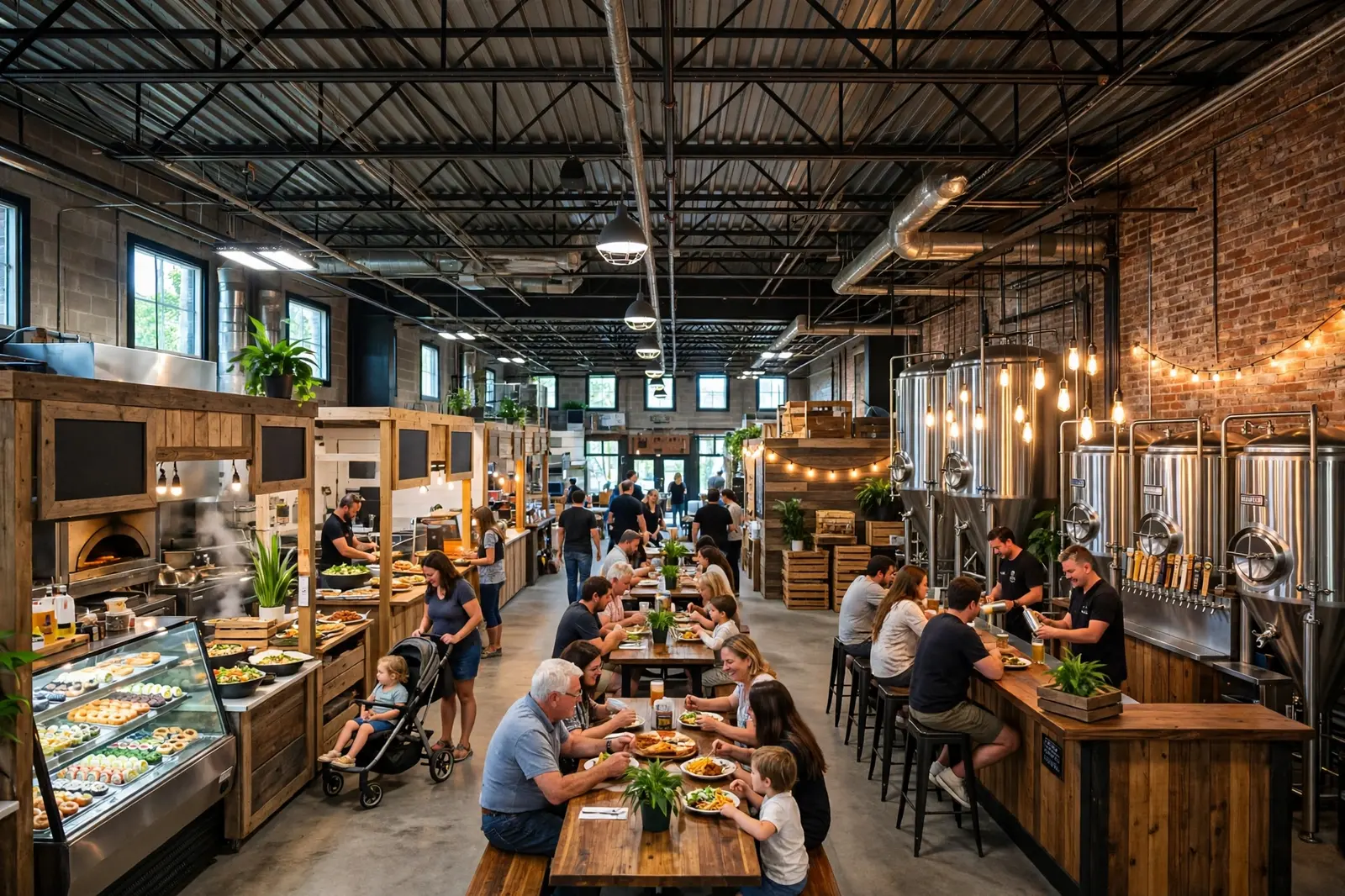 Interior do Plant Street Market, em Winter Garden, com balcões de lojistas locais de comida, mesas comunitárias e os tanques da cervejaria Crooked Can ao fundo.