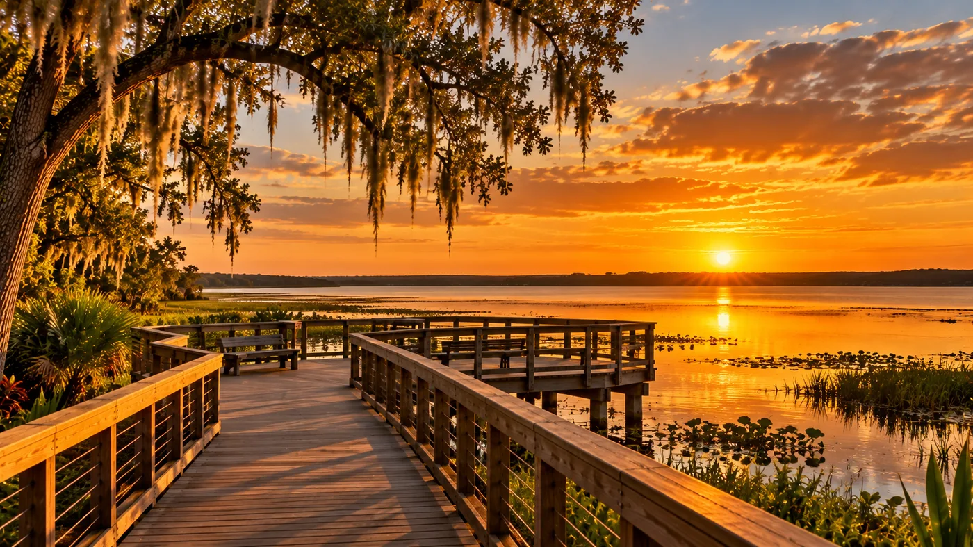 Calçadão e píer sobre o lago Apopka ao pôr do sol, em Winter Garden.