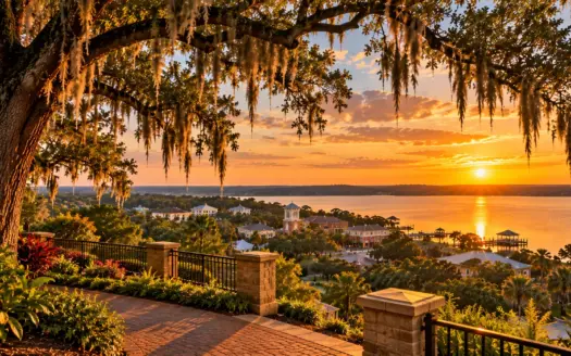 Winter Garden ao entardecer — vista evocativa da cidade, do verde e do lago ao fundo.