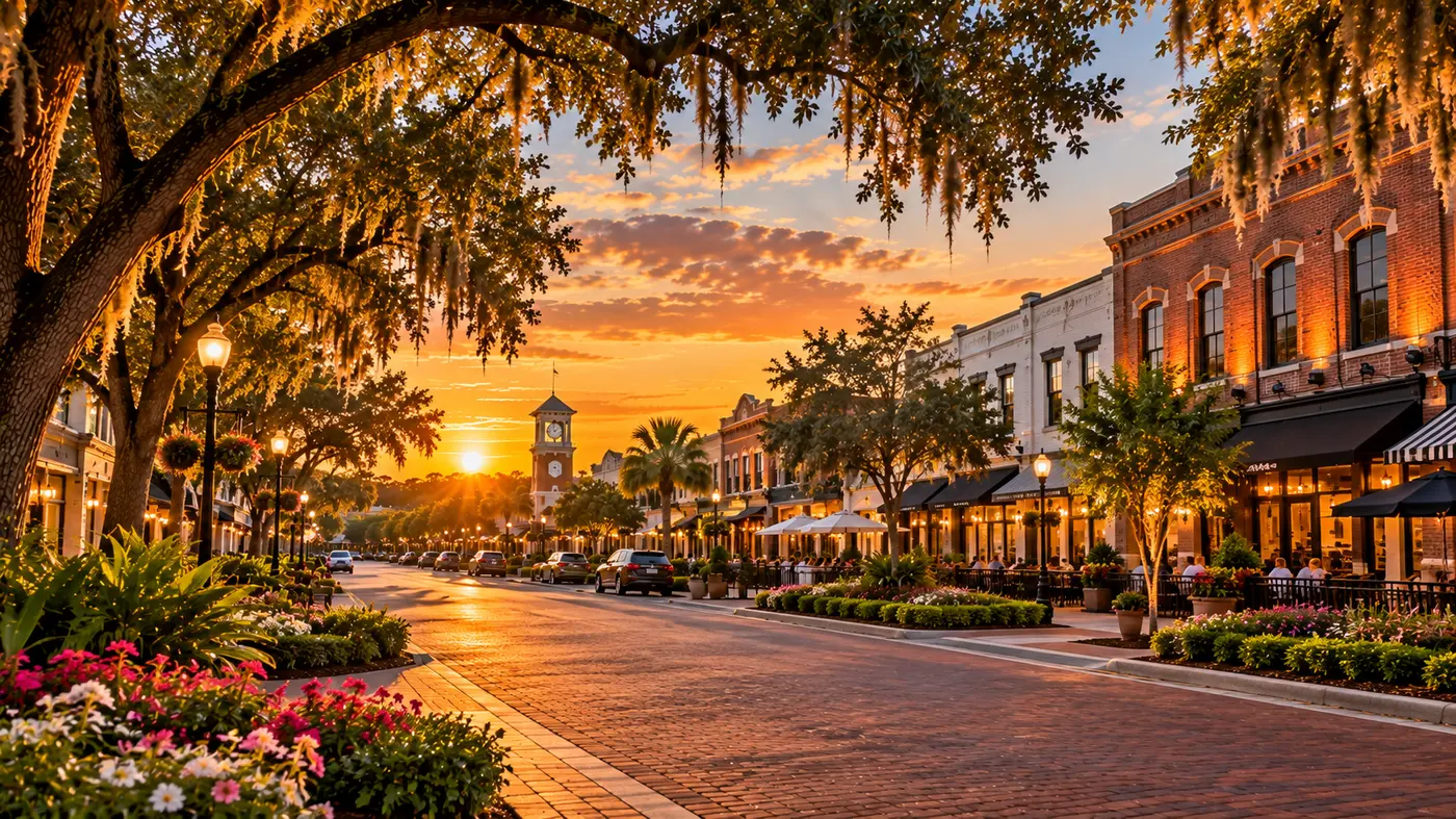 Centro histórico de Winter Garden ao entardecer, com rua de tijolos, cafés, lojas históricas e a torre do relógio.